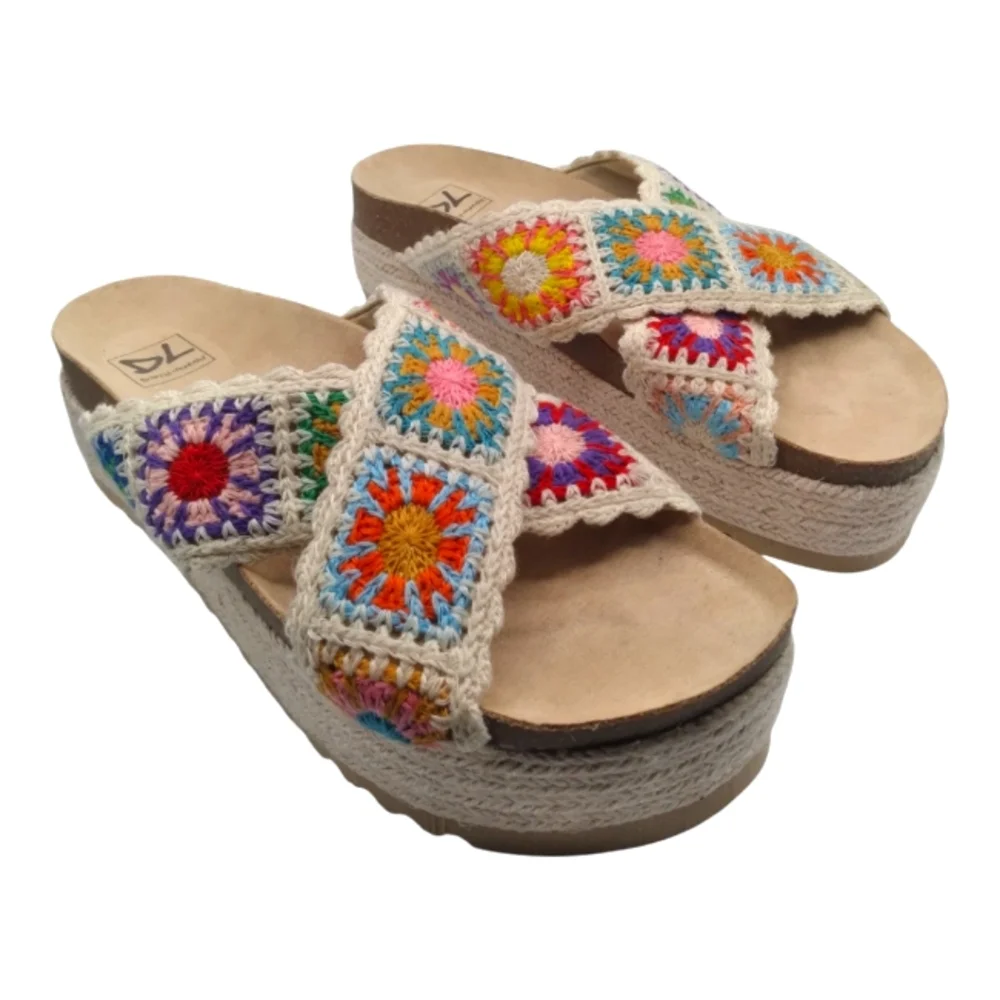 Dirty Laundry Cream Crochet Platform Slide Sandals with Multicolor Accents